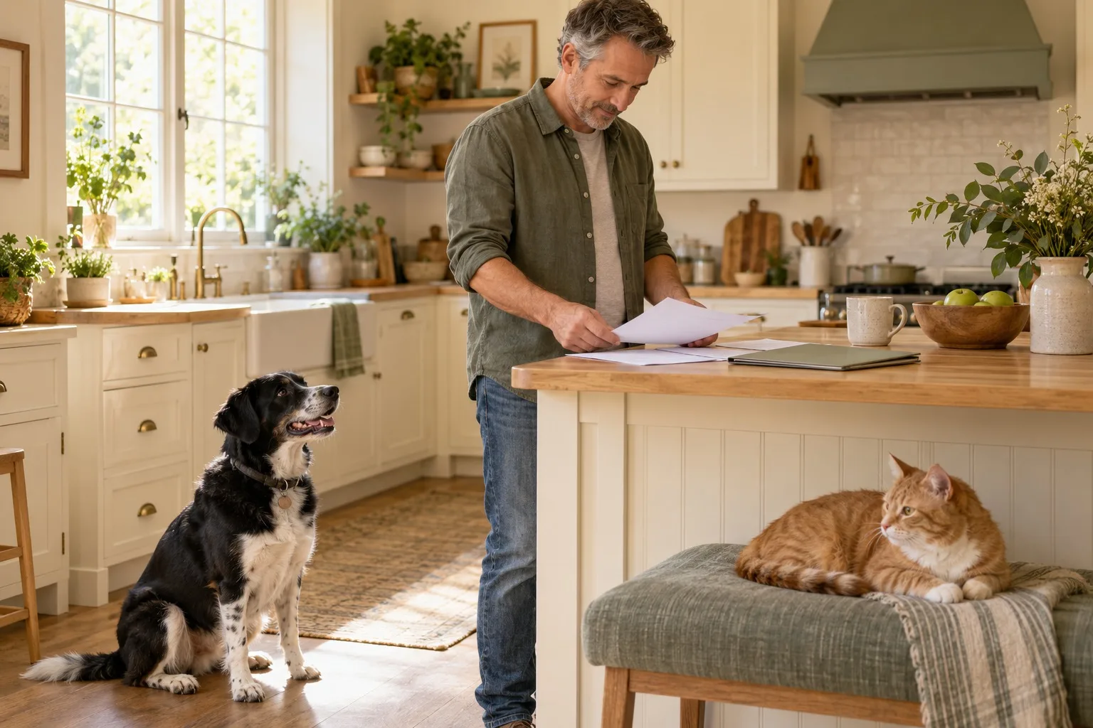 An owner reviewing household papers while a dog and cat rest nearby